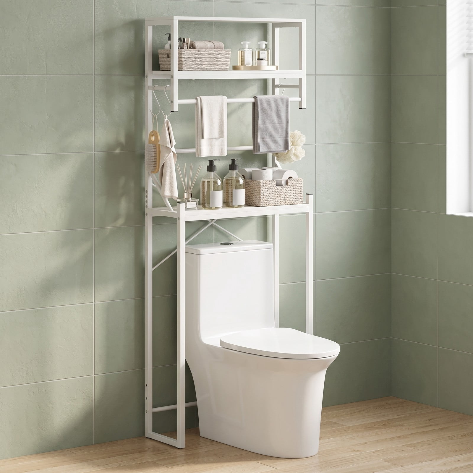 ALPULON Over the Toilet Storage Rack with Open Shelves and Towel Bar for Small Bathroom and Laundry Room Organization, White
