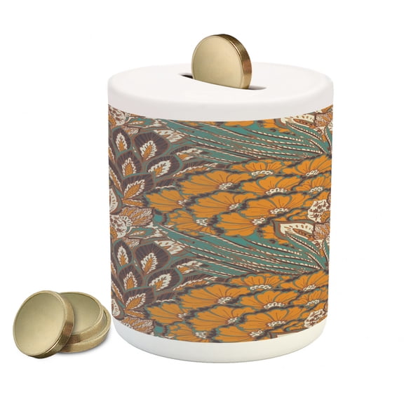 Floral Piggy Bank, Pattern of Flowers and Peacock Feathers Floral Arrangement Art, Ceramic Coin Bank Money Box for Cash Saving, 3.6" X 3.2", Petrol Blue Pale Coffee, by Ambesonne