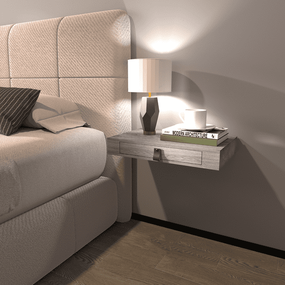Light Grey Floating Nightstand with Hidden Drawer - 16" Wall-Mounted Bedside Table Shelf