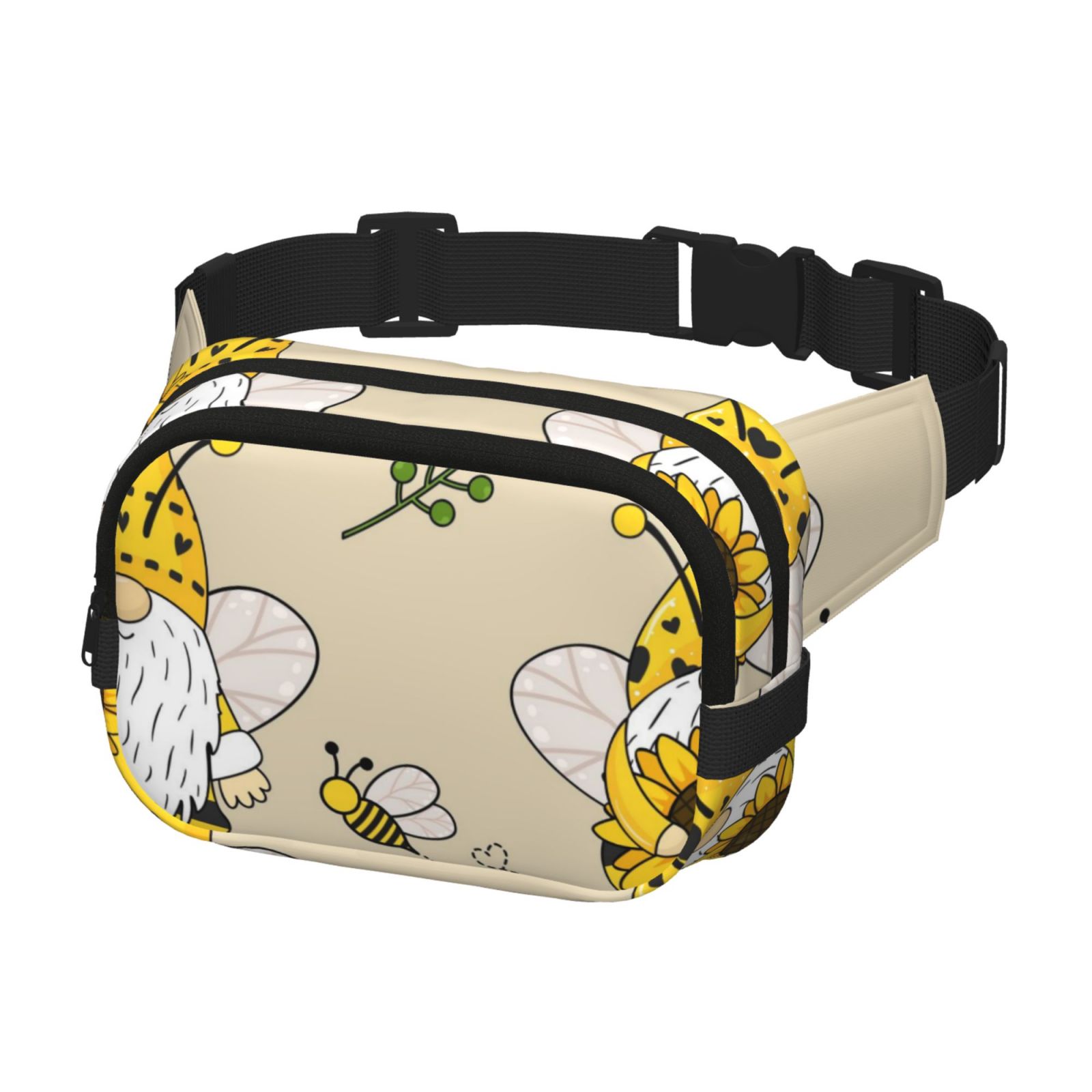 Picia Gnomes Bees And Sunflowers Print Square Double-Layer Waist Bag Mini Adjustable Waist Belt Bag Exercise Running Travel Hiking