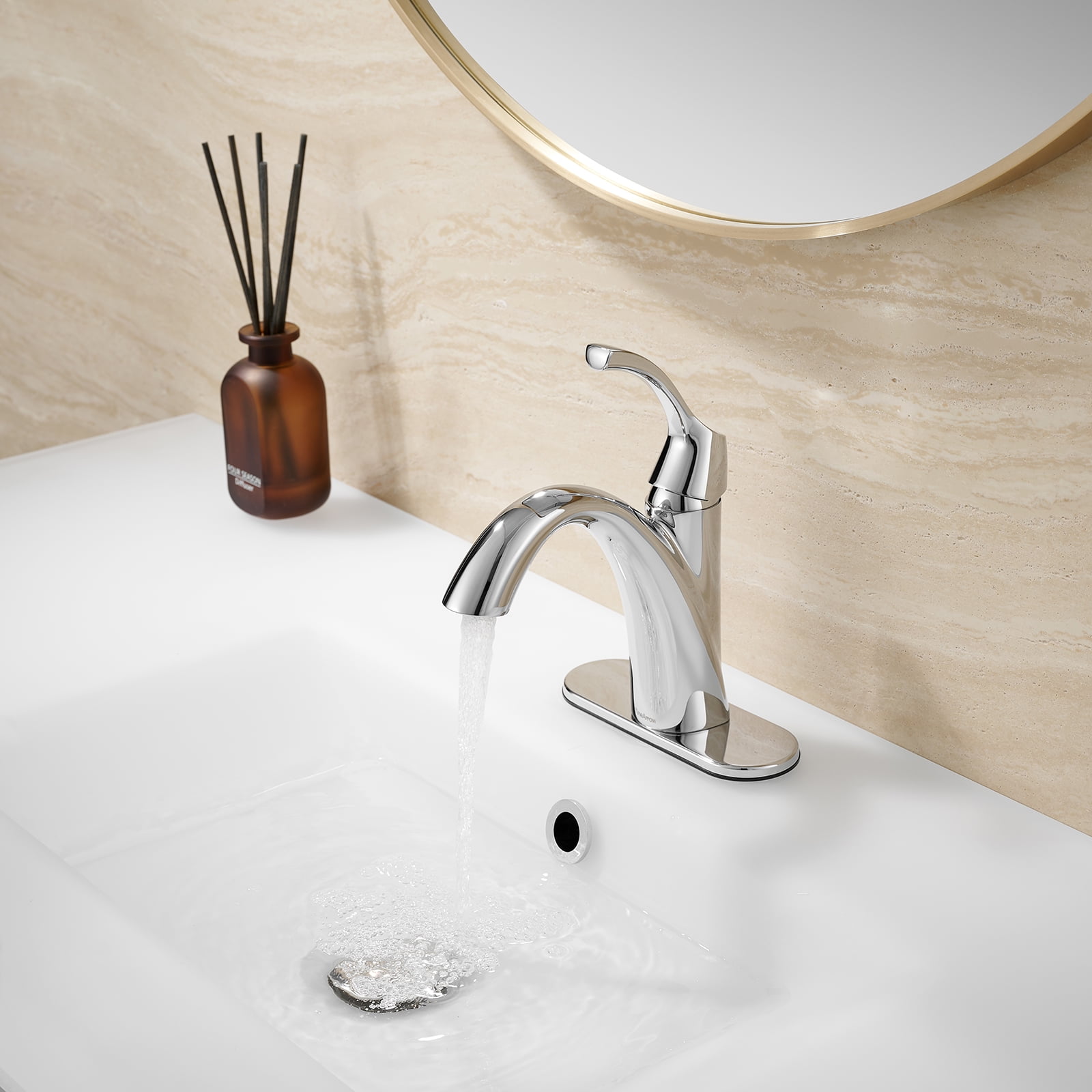 TimeArrow Chrome Bathroom Faucet, Single Handle Bathroom Sink Faucet for 1 Hole with 3 Holes Deck Plate, Lavatory Vanity Faucet, Pop Up Drain and Water Supply Lines Included, TAF206-CP