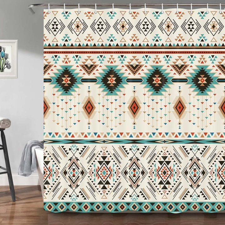 Western Vintage Shower Curtain for Bathroom, Southwestern Tribal Ethnic Abstract Triangular Geometric Waterproof Fabric Bath Curtains Set, Bathroom Decor with Hooks, 72x75in Beige