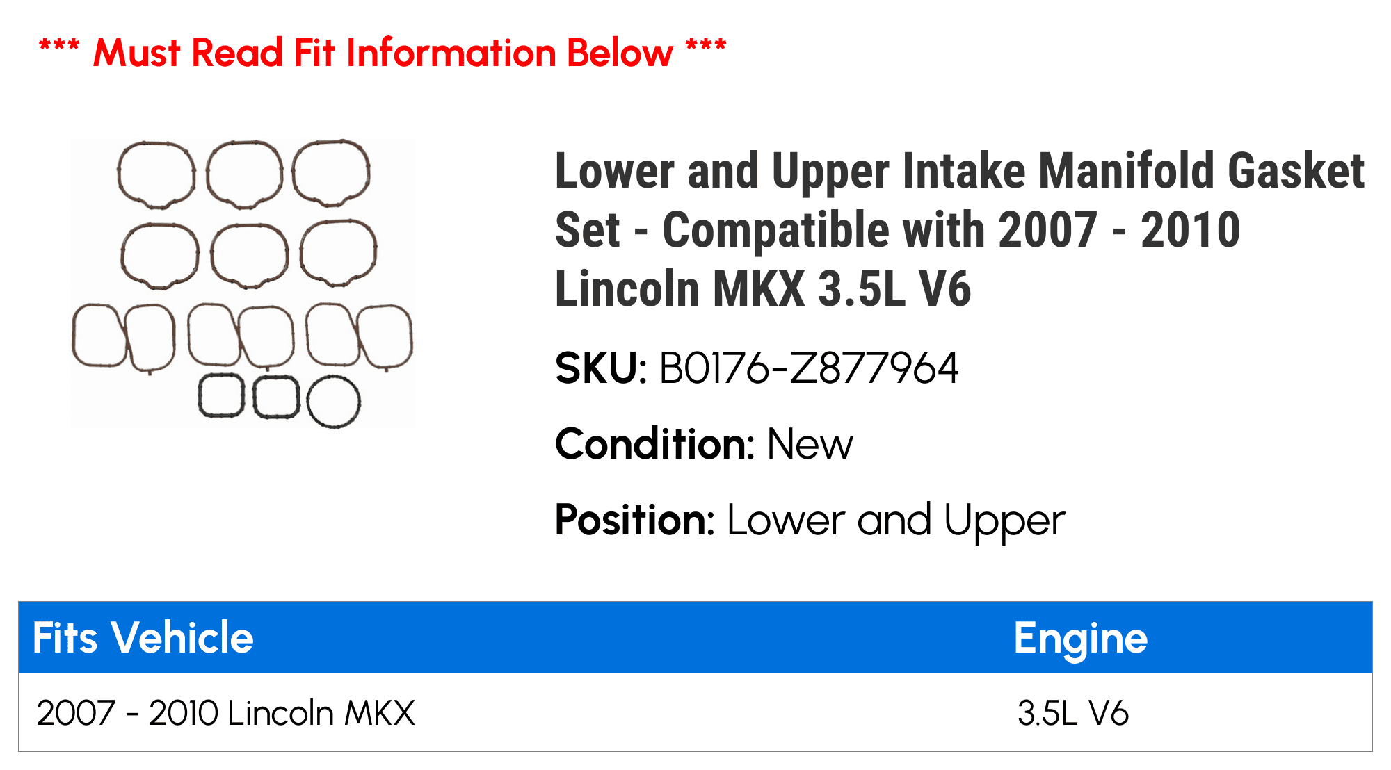 Lower and Upper Intake Manifold Gasket Set - Compatible with 2007 - 2010 Lincoln MKX 3.5L V6 2008 2009