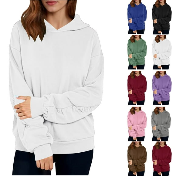Tops for Women Ndbuld Women's Hooded Sweatshirt Pleated Long Sleeved Casual Top Hooded Sweatshirt Womens Hoodies Drawstring Hooded Sweatshirts for Woman,White,S