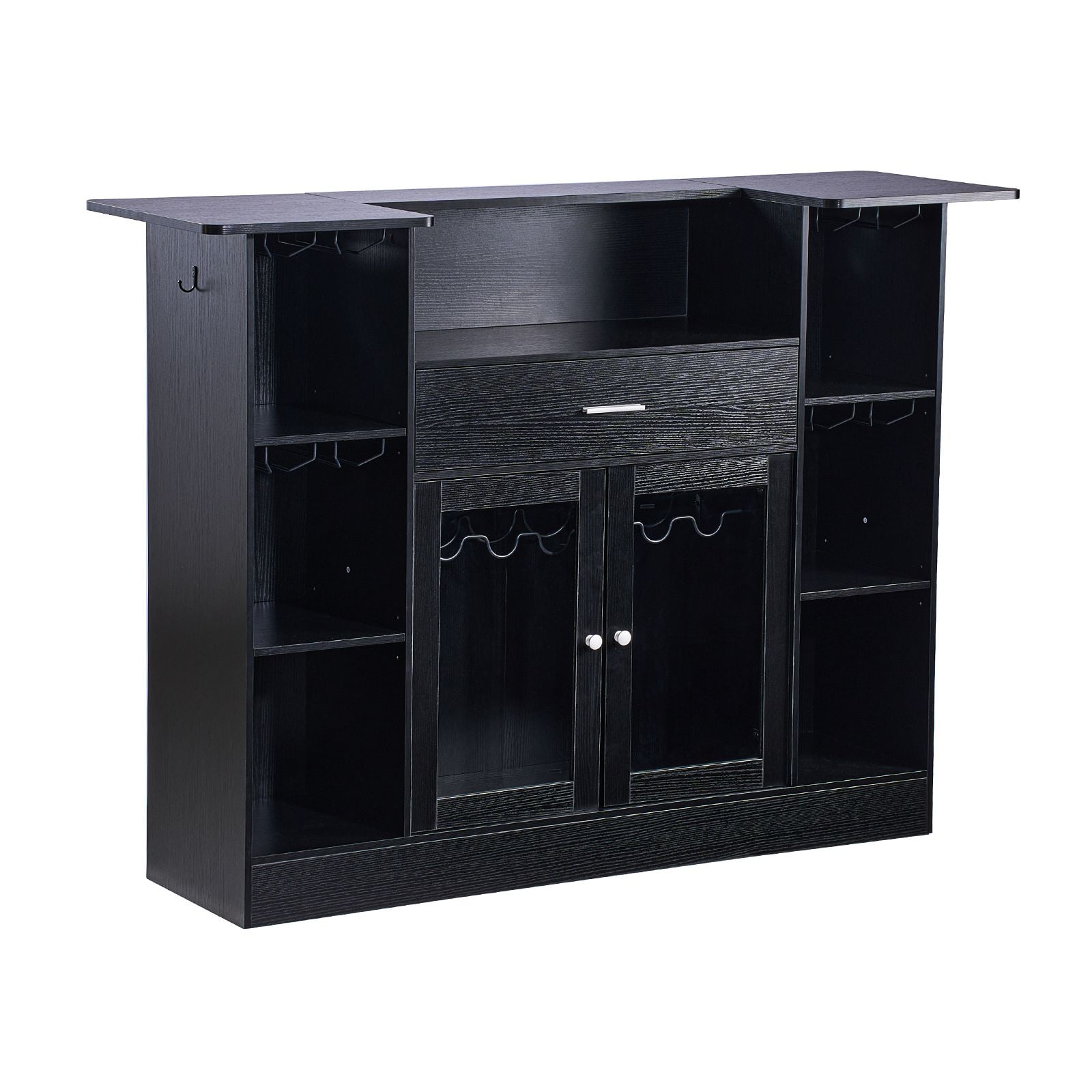 Wine Bar Cabinet 4-Tier with Storage Drawer Wine Glass Holder Bottle Rack LED Light Wood & Metal Frame Black for Home Kitchen
