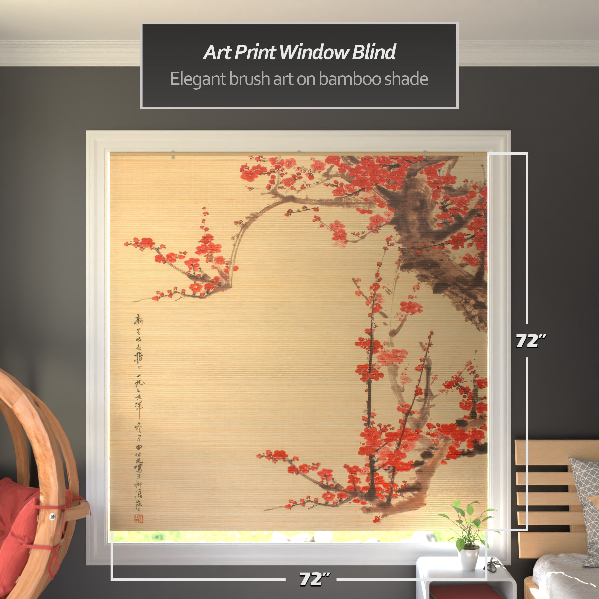 Red Lantern Bamboo Window Shade Blind - Sakura Cherry Blossom 72" W