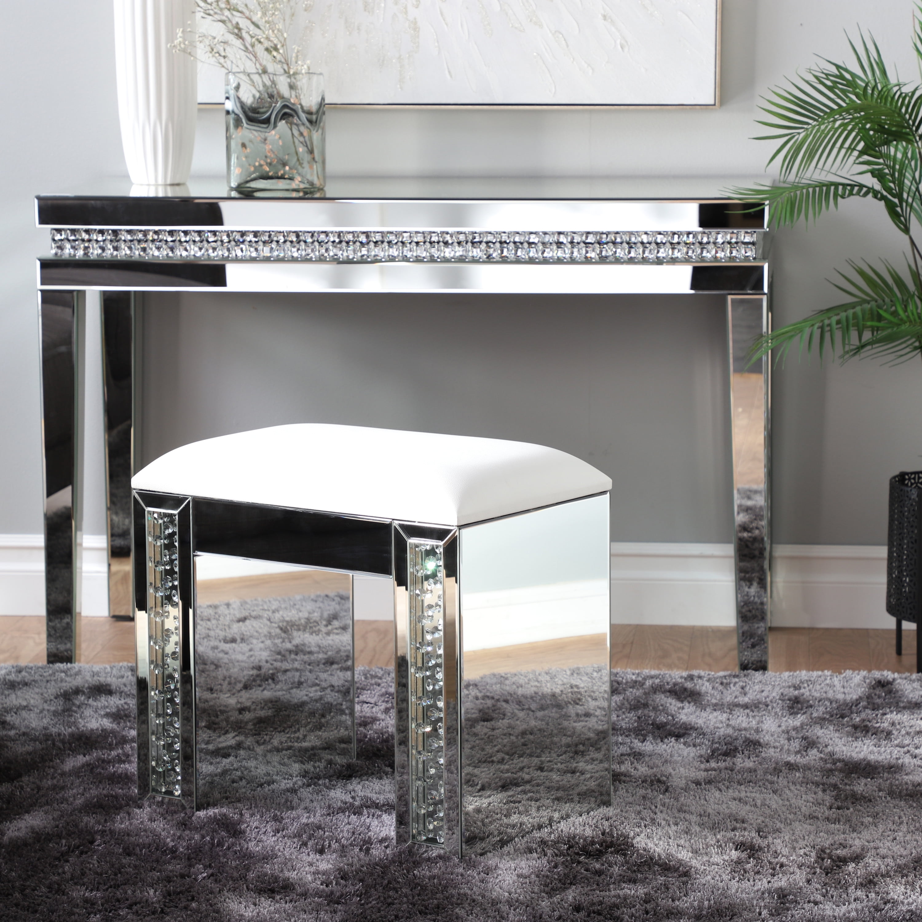 DecMode 15"W, 21"H Wood Glam Stool, Silver, 1-Piece