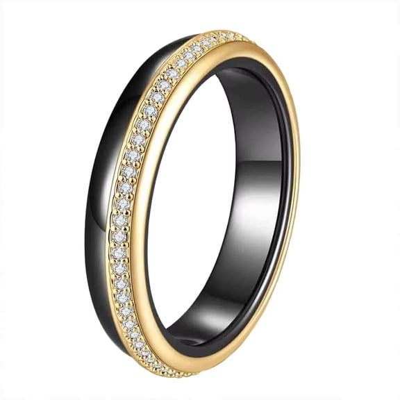 PAMTIER Women's Stainless Steel Ceramic 4MM Classic Zirconia Engagement Band Ring Gold Black Size 7