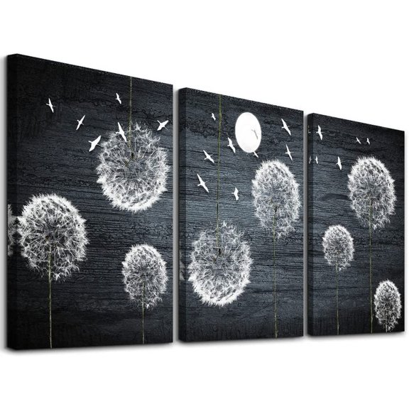 Canvas Wall Art For Bedroom Wall Decorations For Living Room Modern Family Kitchen Wall Decor Bathroom Wall Pictures Artwork Black And White Dandelion Flowers Abstract Painting Office Decor 3 Piece