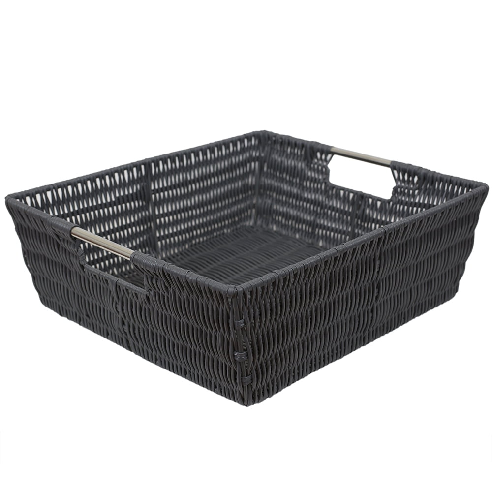 Home Basics Large Intricate Decorative Weave Plastic Basket, Grey