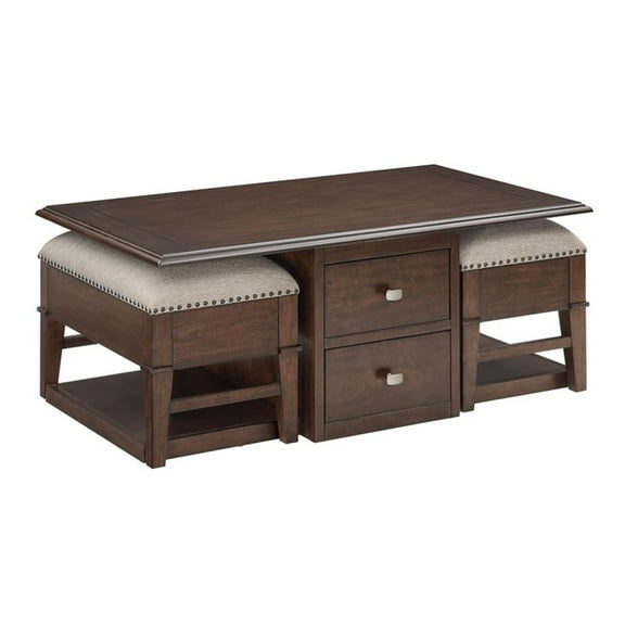 Lexicon Claremore Wood & Fabric Cocktail Table with 2 Storage Ottomans in Brown