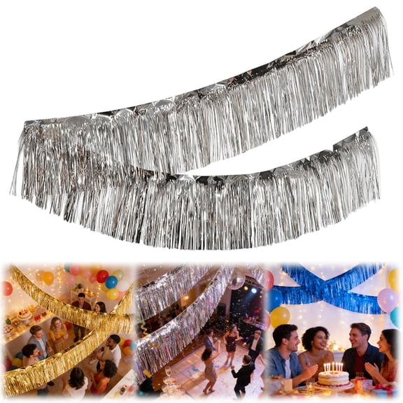 10 Feet Foil Fringe Garland Metallic Foil Tinsel Fringe Garland Wall Hanging Fringe Banner for Parade Floats, Wedding, Christmas,Birthday Party Halloween Decor (Silver)