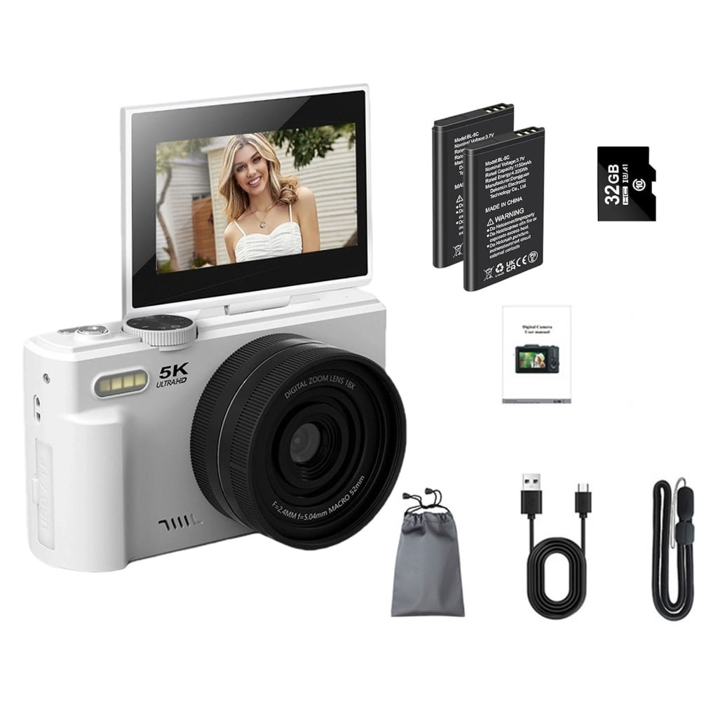 Vlog Digital Camera With Flip Screen 5K 75MP Photos 18X Zooming Auto Focusing