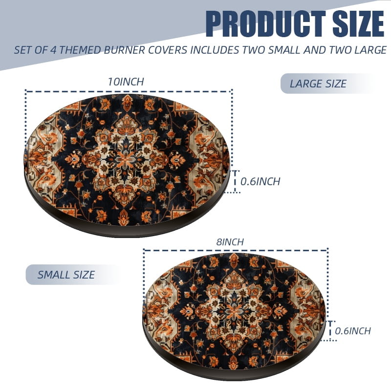 Round Burner Covers for Electric Stove, Vintage Boho Flora Symmetric Style Metal Cooktop Kitchen Decor Set of 4, 8 Inches and 10 Inches