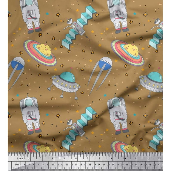 Soimoi Brown polyester Crepe Fabric Star & Satellite Galaxy Print Fabric by the Yard 42 Inch Wide