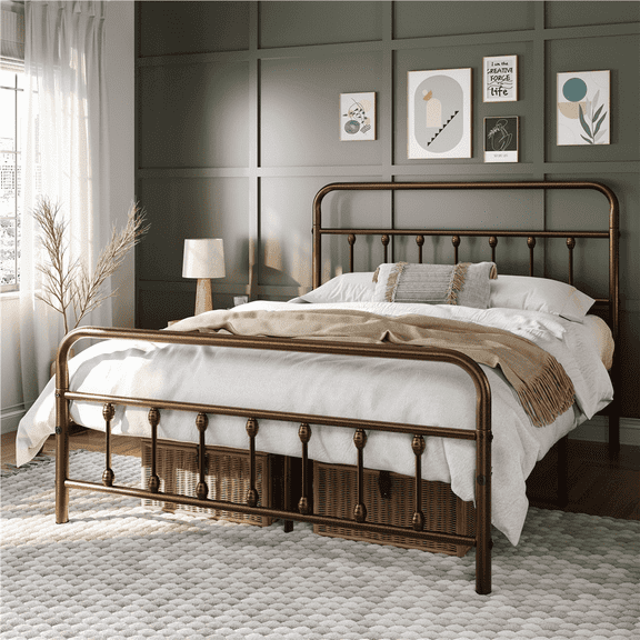 Alden Design  Metal Platform Bed with High Headboard and Footboard, Bronze, Queen