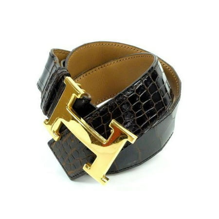 Hermès 32MM Crocodile Reversible H Logo Belt Kit Brown Gold239722