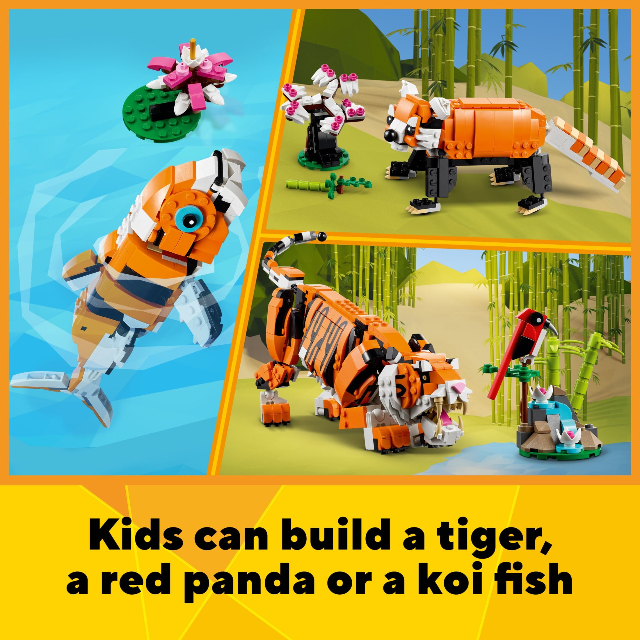 LEGO Creator 3 in 1 Majestic Tiger Building Toy - Build & Display Set for Kids, Girls & Boys, Ages 9+ - Birthday Gift Idea - Create a Tiger, Panda, or Koi Fish - 31129