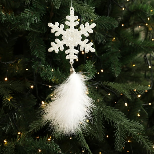 mfyjkho Adorno de copo de nieve blanco de plástico para árbol de Navidad, decoración navideña, colgante de plumas para árbol festivo, chimenea o decoración interior. Tamaño: 11 x 4 x 2 cm. 1 unidad.