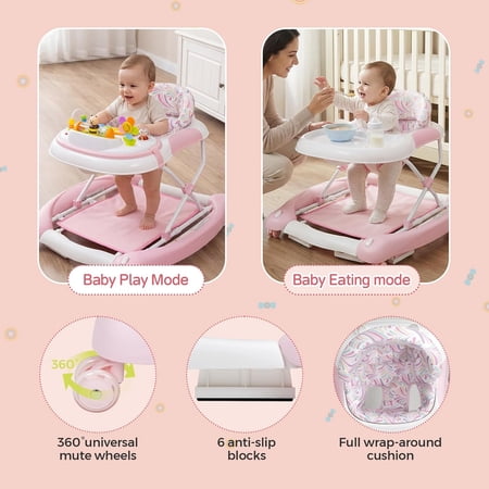 Baby Walker 4-in-1 Foldable Infant Walker with Car Steering Wheel Music Toy, Adjustable Height for 6-18 Months