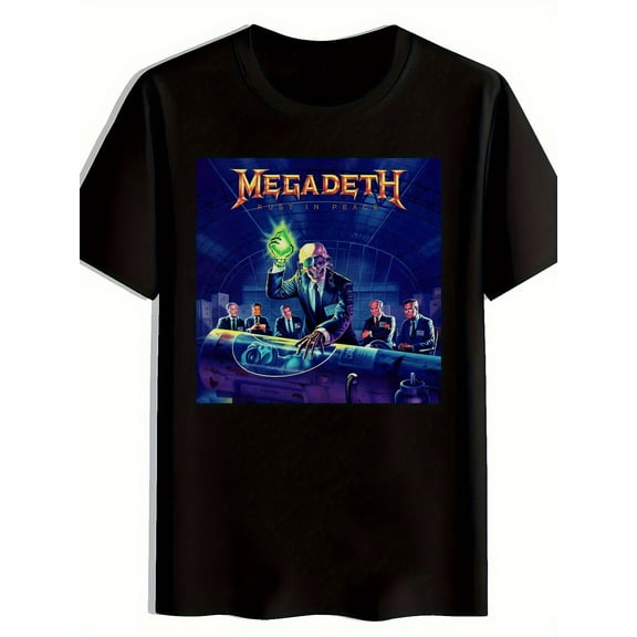 Men'S Black Cotton T-Shirt with "Megadeth" Band Graphic - "Rust in Peace" Design, Round Neck, Short Sleeve, Casual Weekend Top for Summer, Casual Attire | Graphic Tee | Comfortable Fit, Rock T Shirt