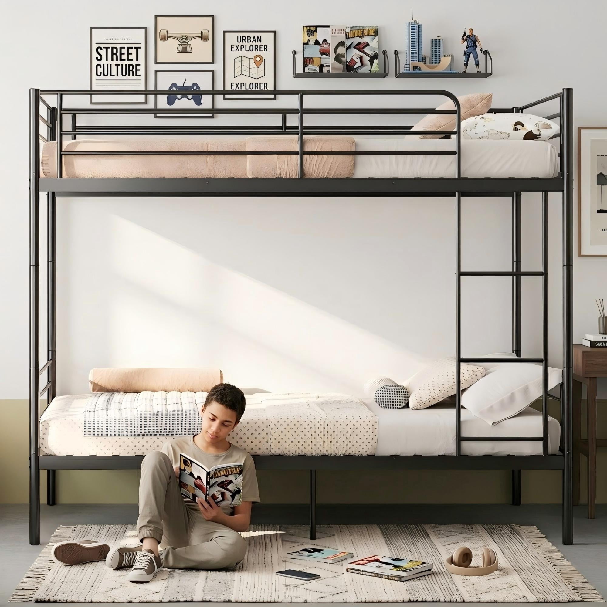 Aukfa Twin over Twin Metal Bunk Bed, Heavy Duty Convertible Bunk Bed Frame Separates into 2 Twin Beds, Black