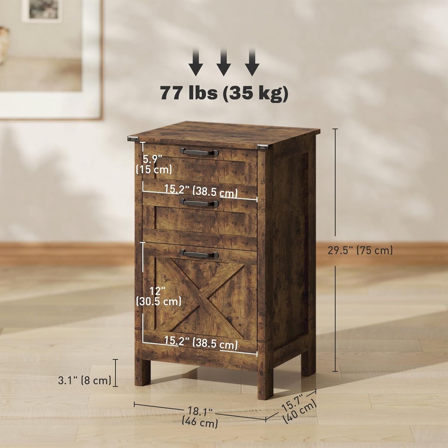 3 Drawer File Cabinet with Silent Slides, Vertical Filing Cabinet for Hanging A4/Letter Size, Rustic Farmhouse Printer Stand with Storage for Home Office, Rustic Brown