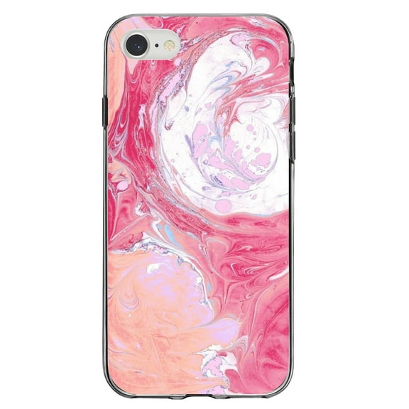 DistinctInk Clear Shockproof Hybrid Case for iPhone 7 8 SE (2020 Model) 4.7" Screen TPU Bumper Acrylic Back Tempered Glass Screen Protector - Hot Pink Blue White Marble Image - Printed Marble Image