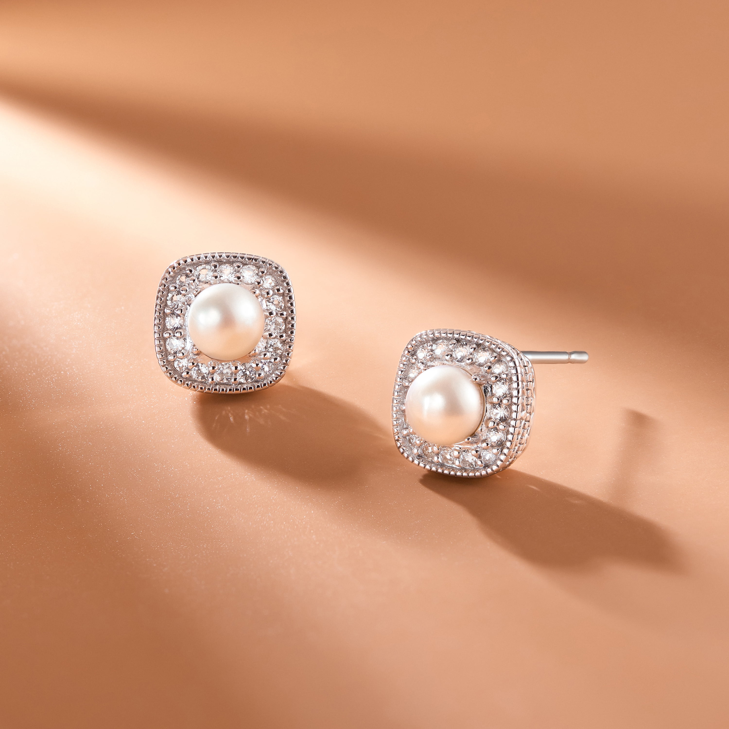 Forever Facets Cultured Freshwater Pearl June Birthstone Cushion Halo Earrings in Sterling Silver, Adult Female