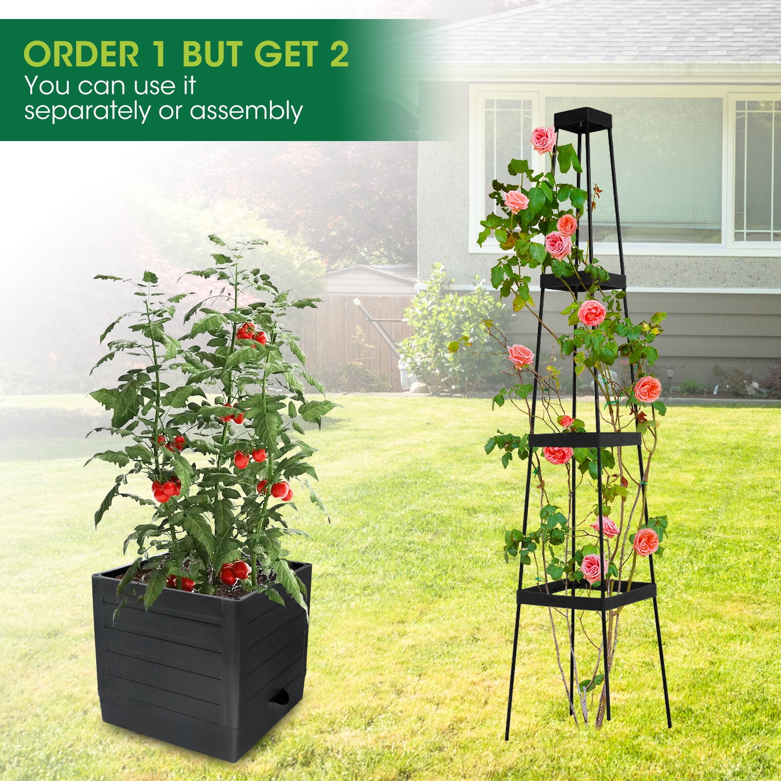 1Pack Raised Garden Bed Planter Box with Trellis, 57" Self-Watering Tomato Cage Planters for Climbing Plants Vegetable Vine Flowers Outdoor & Indoor (57x9.8x9.8IN)