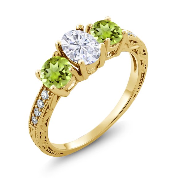 Gem Stone King 18K Yellow Gold Plated Silver Green Peridot Ring Set with Moissanite (2.12 Cttw) (Size 6)