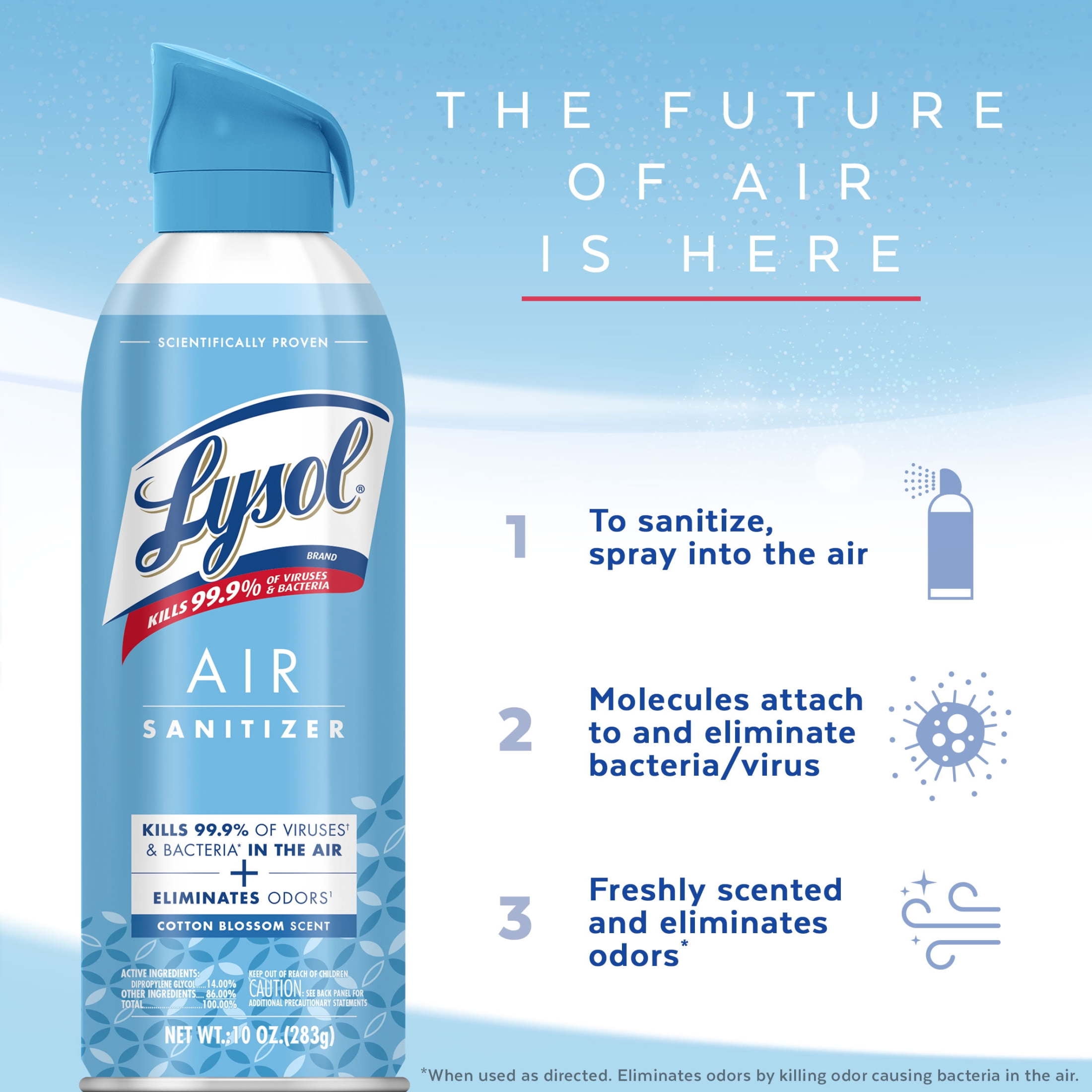 (3 pack) Lysol Air Sanitizer Spray for Air Sanitization and Bacterial Odor Elimination, Air Freshener Alternative, Cotton Blossom Scent, 10 oz
