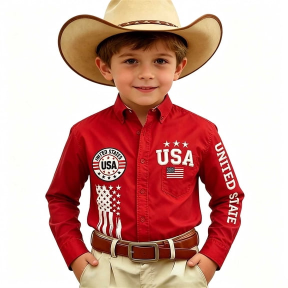 PLHWHYQ Kids Boys American Flag Shirts Long Sleeve Button Down Dress Shirt Patriotic 4th of July Tops USA 250th Anniversary Merchandise