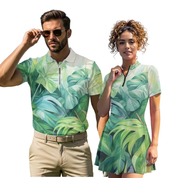 Uorisanigo Hawaiian Leaf Matching Couple Summer Golf Outfits Cactus Print Men's 1/4 Zip Short Sleeve Shirt and Women's Dress with Built in Shorts Quick Dry Athletic Sport Wear
