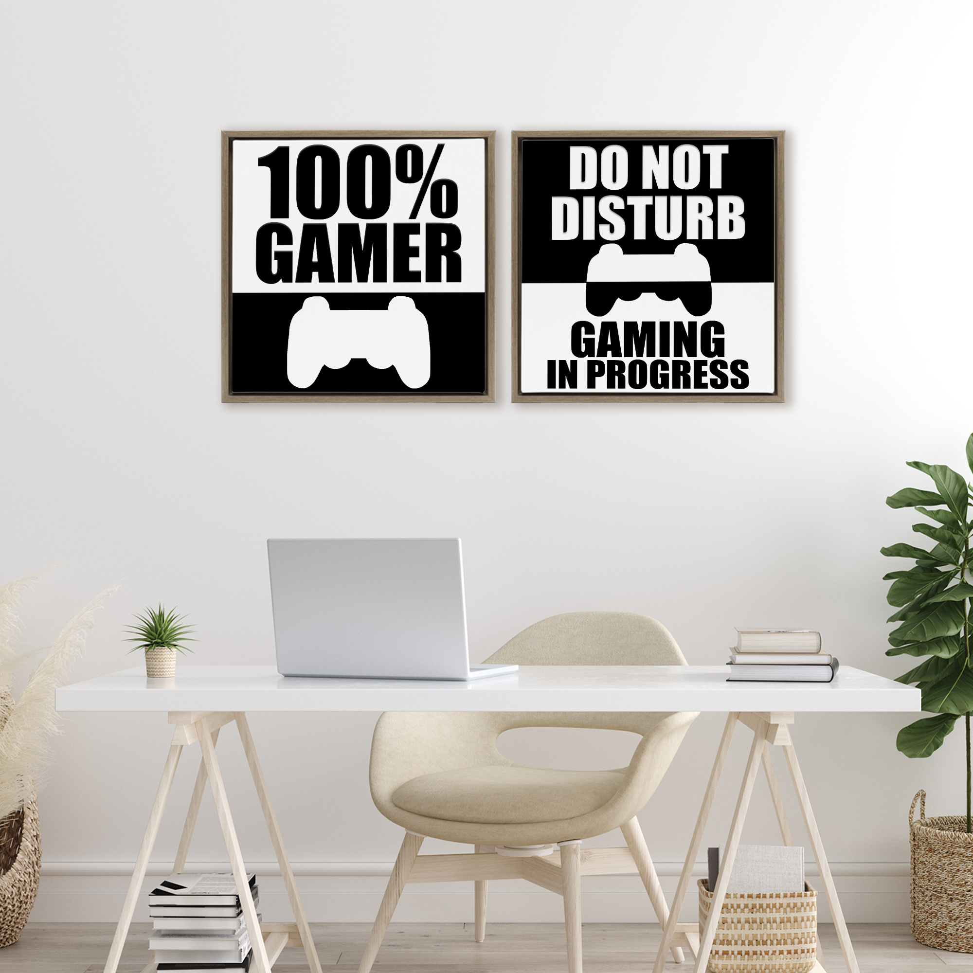 Competitive Gamer Black & White 2 Piece Brown Framed Floater Canvas Set, design by Kim Allen