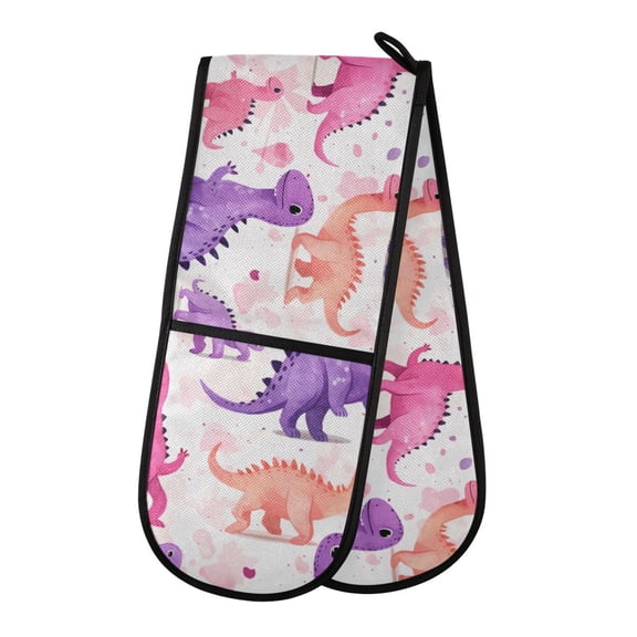 Dailycode Double Sided Oven Mitt with Loop Heat Resistant Kitchen Long Potholders 7" x 35" Cartoon Pastel Dinosaurs