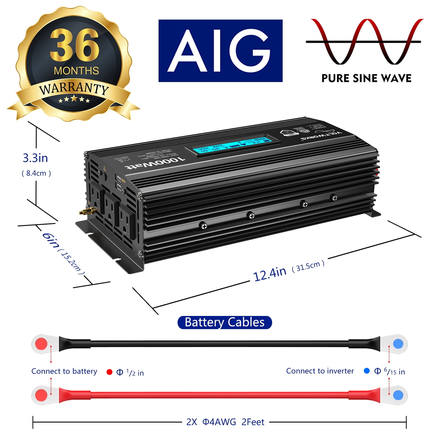 VOLTWORKS Power Inverter 1000 Watts Pure Sine Wave Inverter DC 12v to AC 110V-120V with LCD & 2.4A Dual USB