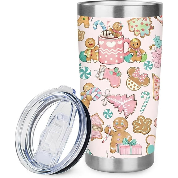 Christmas Tumbler Pink Gingerbread Man Coffee Mug with Lid Straw Brush Stainless Steel Cup for Anniversary Holiday Birthday Party Favor Supplies, 20 Oz