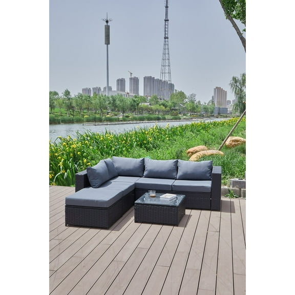 Kingway Furniture Venor Grey Wicker/Rattan Sectional with Glass top Coffee table