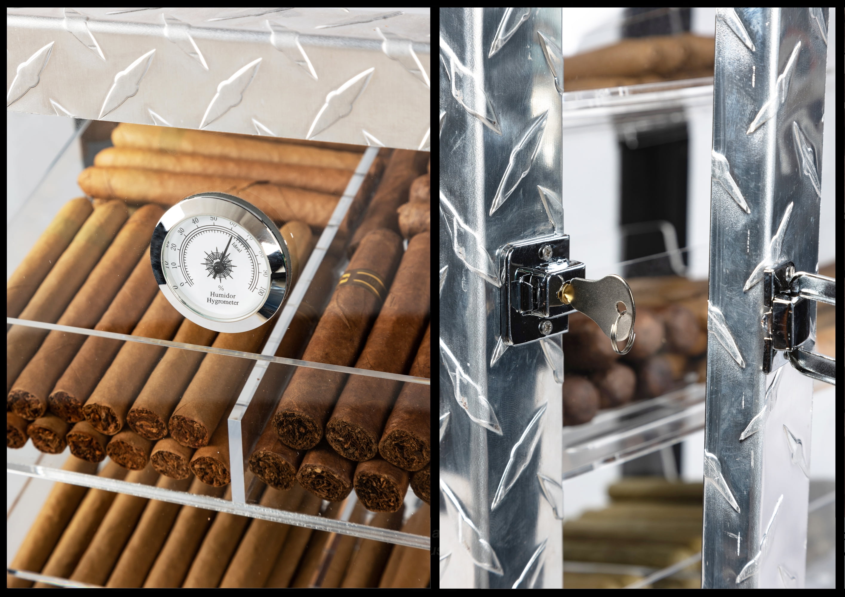 Prestige Import Group - The Diamond Plate & Glass Sides Countertop Display Humidor - Capacity: 250 - Color: Polished Metal & Glass