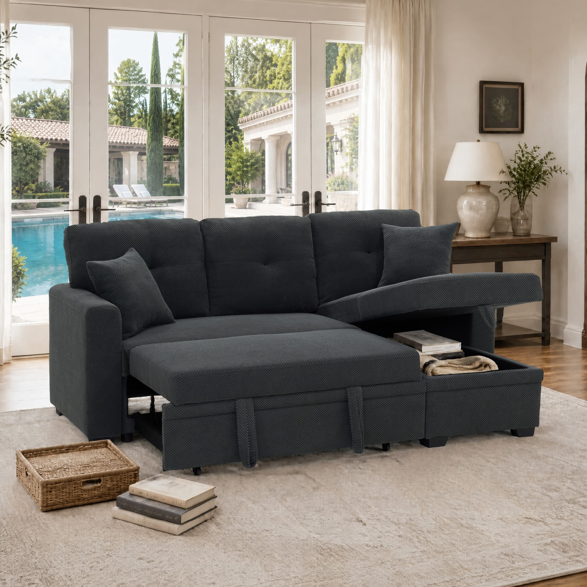 BSHTI 71"Foil Fabric L-Shaped Pull-Out Sleeper Sofa Bed with Reversible Chaise, Hidden Storage for Living Room（Dark Gray）