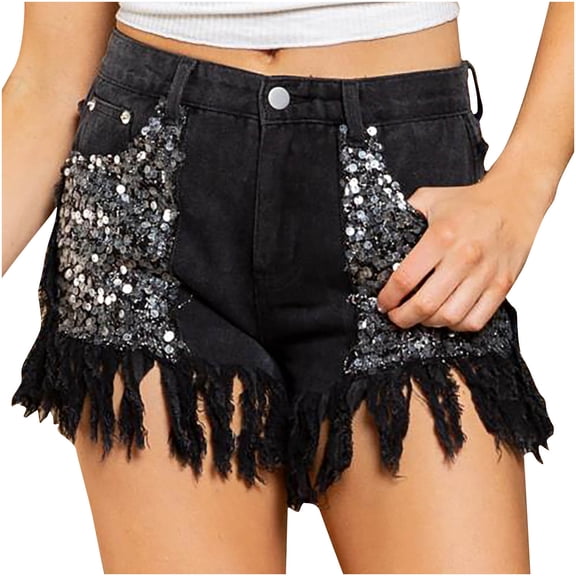 YYDGH Women's Sequin Pockets Rhinestone Tassel Jean Short Curly Fringe Casual Denim Shorts Black S