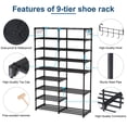 thumbnail image 3 of Inadays 9 Tiers Shoe Rack Organizer Large Capacity Shoe Storage 32-40 Pairs Shoe Boot Shelf Removable Dustproof Stackable Shoe Tower with 2 Hooks, Sturdy Metal Shoe Stand for Closet/Bedroom/Entryway, 3 of 11