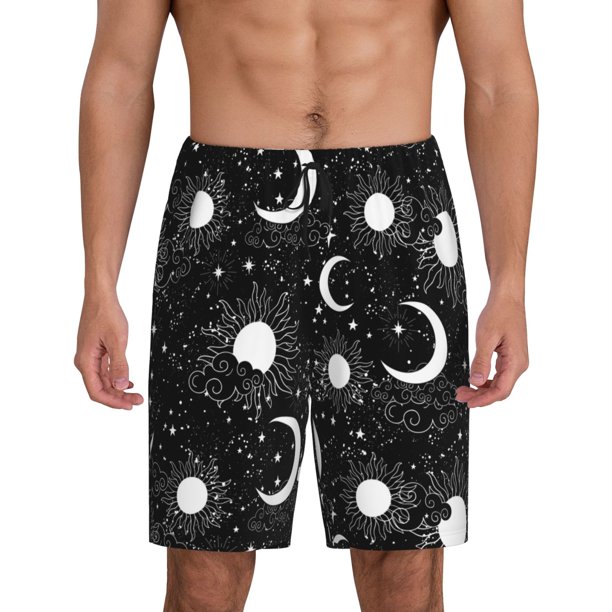 Balery Crescent and Stars Pantalones cortos de pijama de punto de algodón para hombre con cinturilla y bolsillos-Large