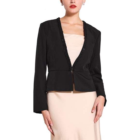 BLAZER FORMAL DE MUJER CON DETALLES DE TWEED Y MANGAS LARGAS, ESCOTE EN V, CON VOLANTES, CORTO, NEGRO