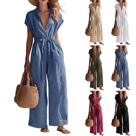 Aimik Womens Cotton Linen Jumpsuits Sleeveless V Neck Drawstring Waist Wide Leg Jumpsuits Summer Boho Jumpsuit for Women