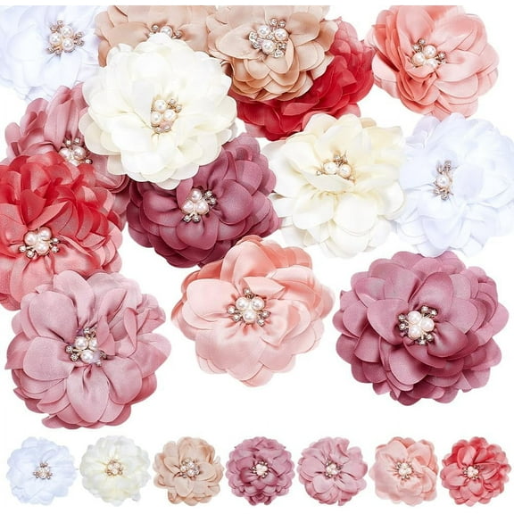 14 Pcs Rhinestone Chiffon Fabric Flowers 7 Colors Chiffon Flower Applique Wedding Decoration Accessories for DIY Craft Decoration Dress Party Decoration