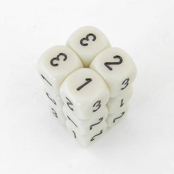 Ivory Opaque Dice with Black Numbers D3 (D6 1-3 Twice) 16mm (5/8in) Pack Of 12 Wondertrail