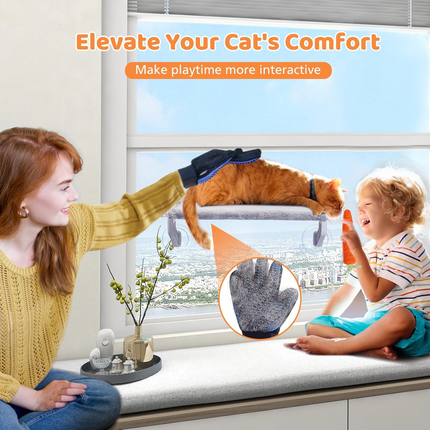 2 in 1 Cat Window Perch,Cat Hammock with Metal Sliding Clamping Adjustment,Removable Two Fabrics Cover,4 Suction Cups,Window Beds for Indoor Cat(22"x13")