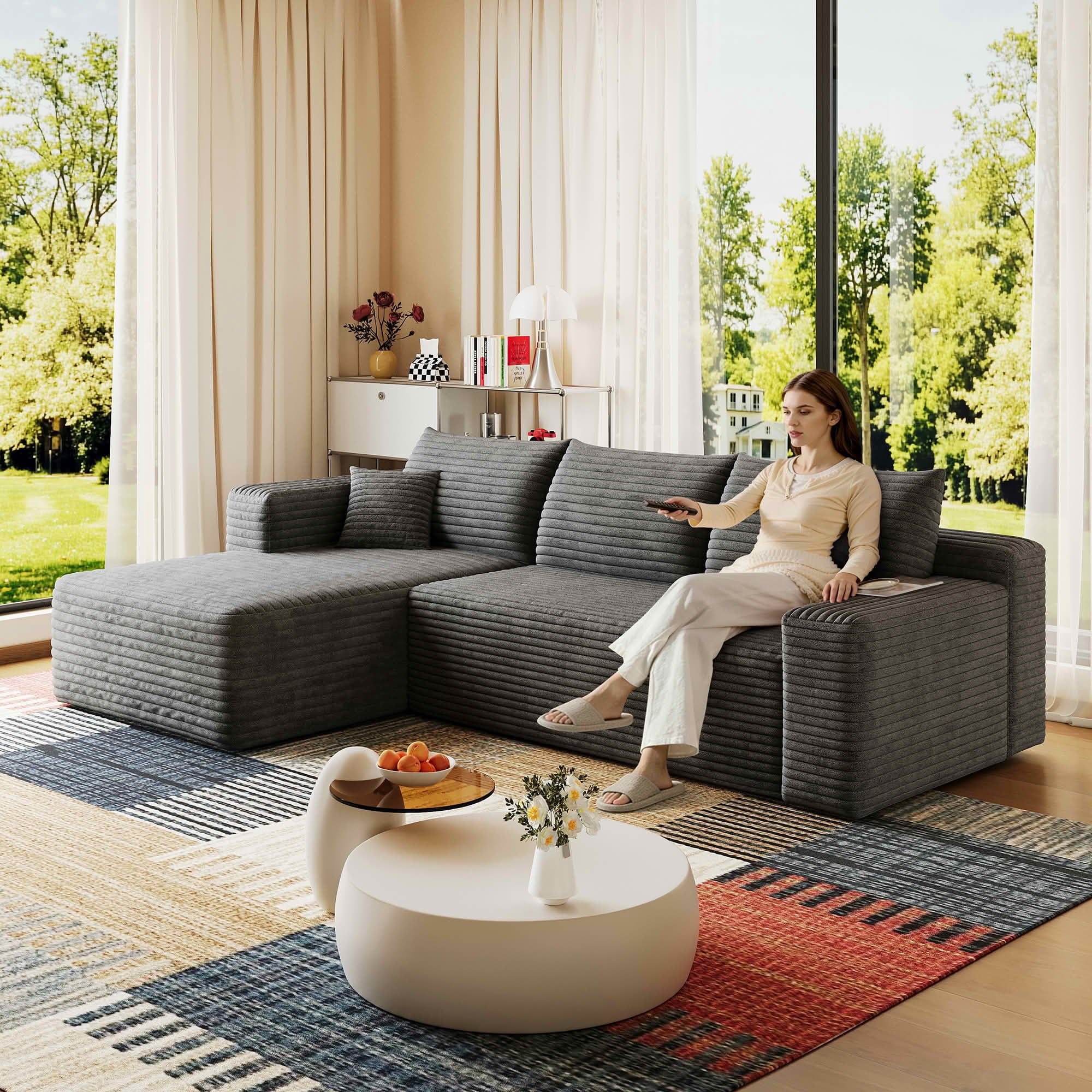 MAYEERTY 95" Corduroy L-Shaped Sectional Sofa, Modern Minimalist Deep Seat Corner Couch with Chaise, No Assembly Leisure Sofa for Home